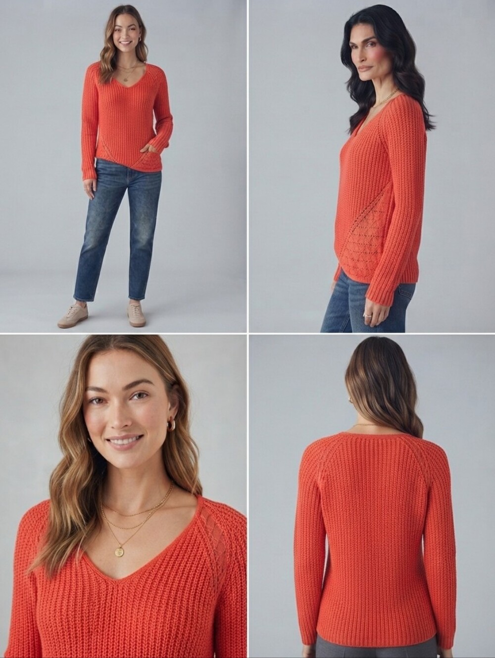 Calvin Klein Coral Orange Chunky Knit Lace V-Neck Sweater M
